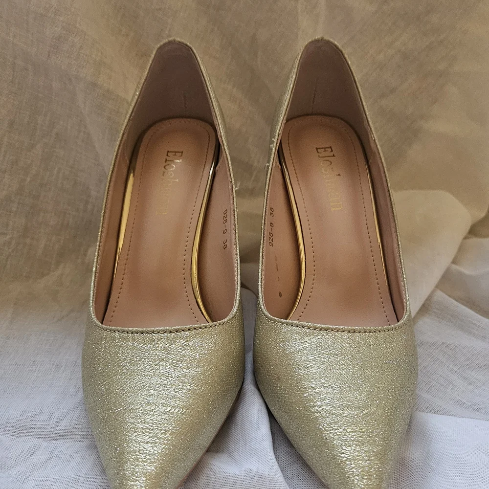 Gold Embellished Women's Evening Heels - Picture 3 of 7